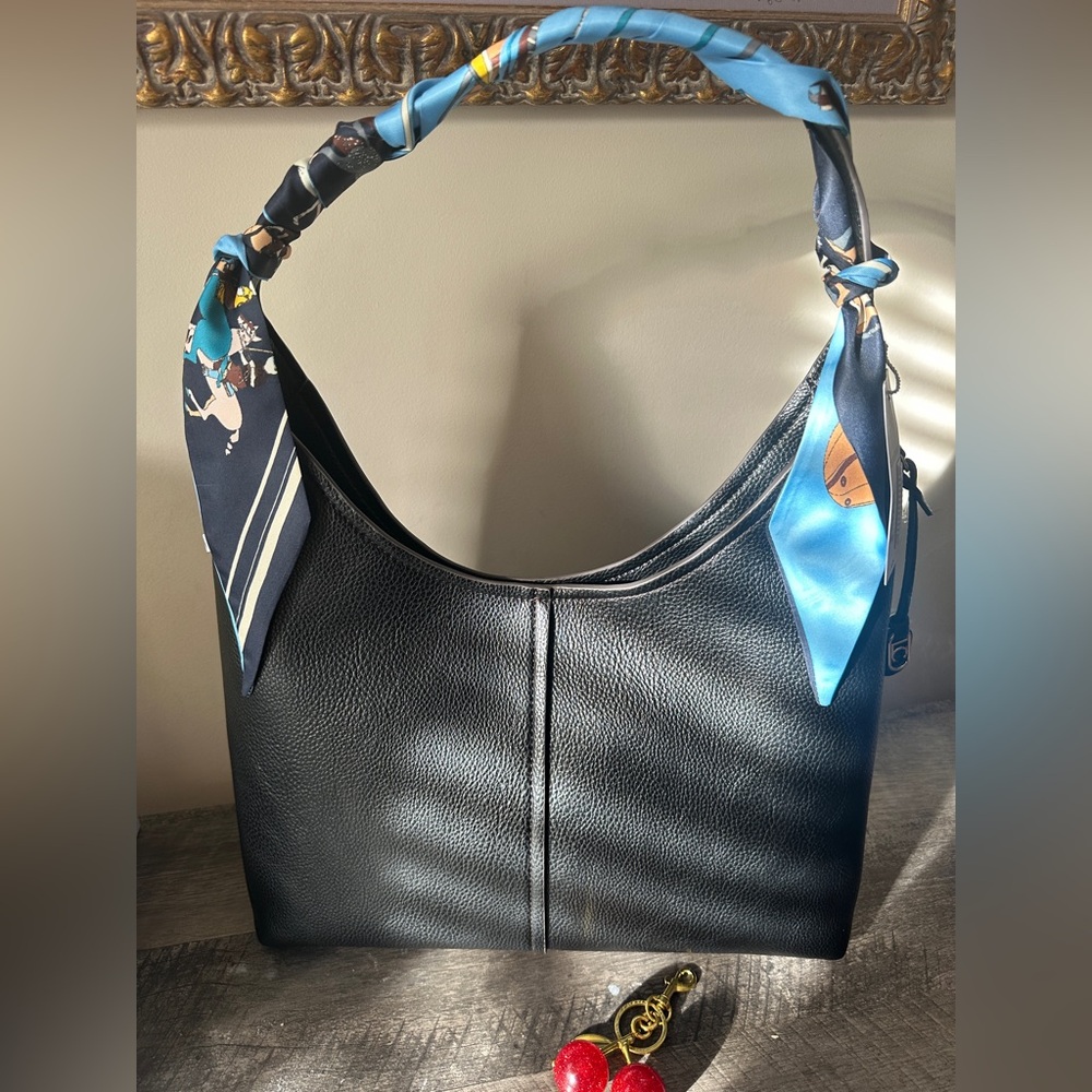 Elegant Black PU Leather Women's Hobo Bag with Scarf Detail NWT